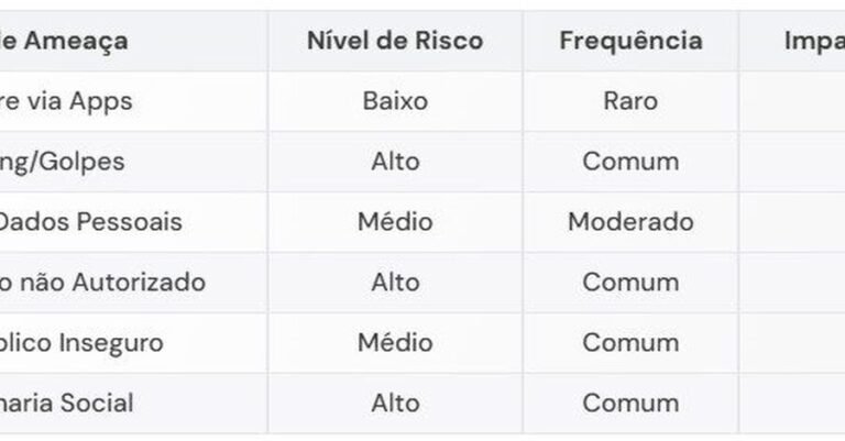 Tabela de tipos de ameaça digital com nível de risco e frequência