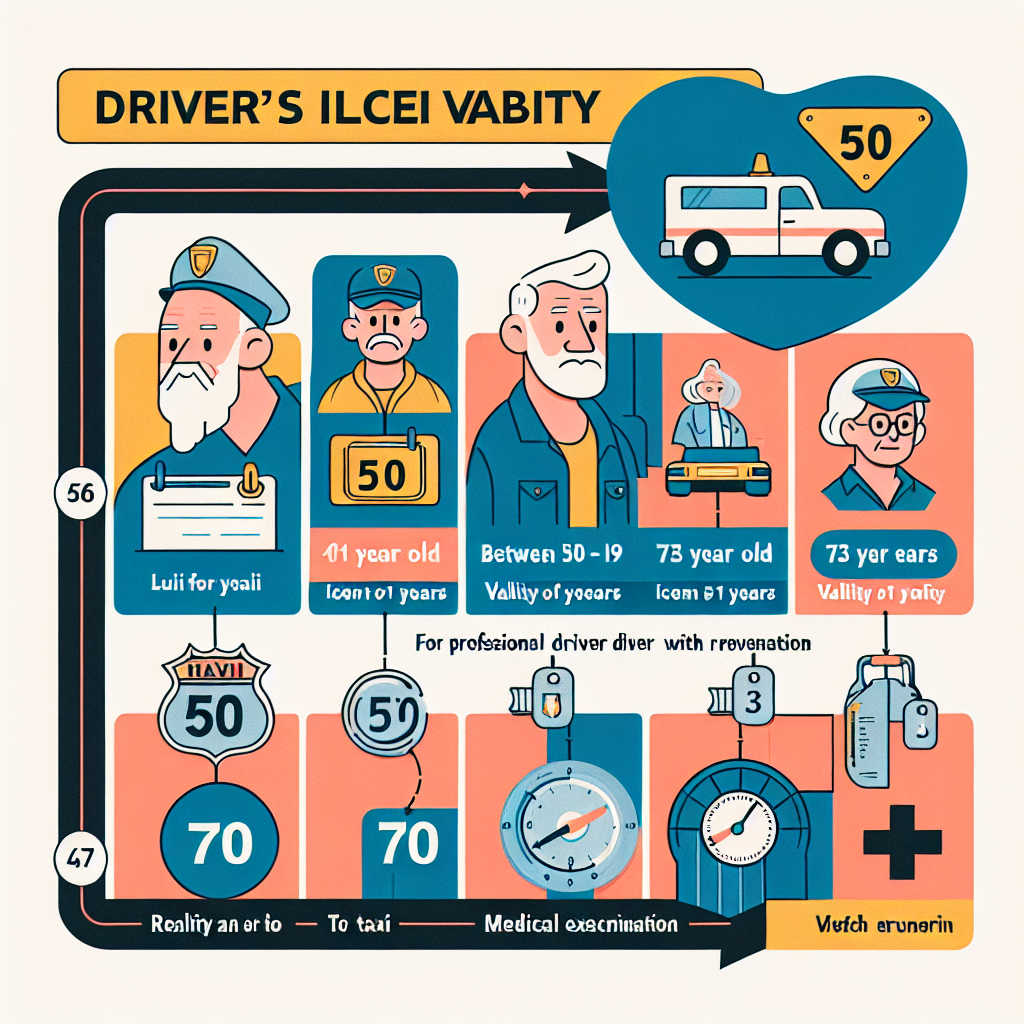 An infographic explaining driver's license age requirements, validity periods, and related medical examinations for drivers at different ages.