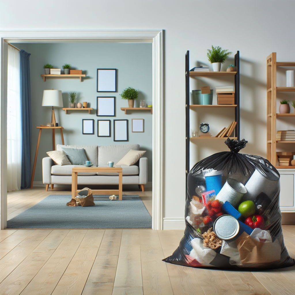 A cozy living room featuring a large black trash bag filled with various waste items, showcasing the contrast between cleanliness and clutter in home decor.